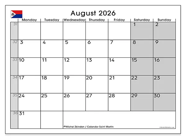 Printable August 2026 calendar - Saint Martin