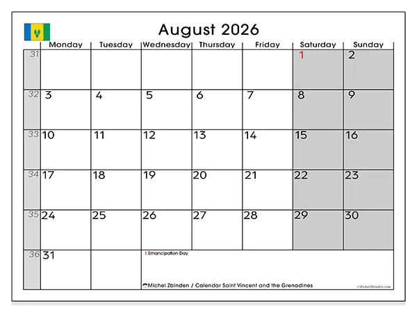 Printable August 2026 calendar - Saint Vincent and the Grenadines