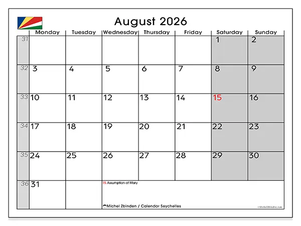 Printable August 2026 calendar - Seychelles