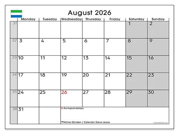 Printable August 2026 calendar - Sierra Leone