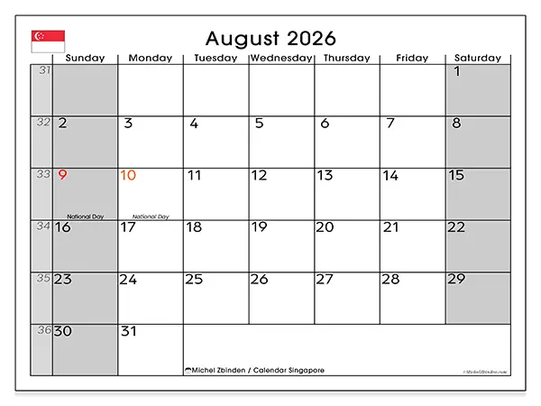 Printable August 2026 calendar - Singapore