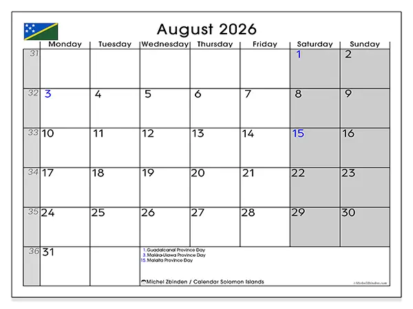 Printable August 2026 calendar - Solomon Islands