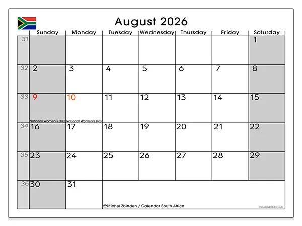 Printable August 2026 calendar - South Africa