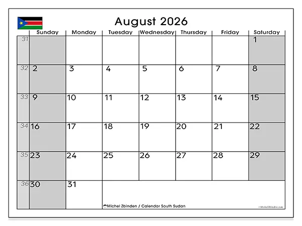 Printable August 2026 calendar - South Sudan