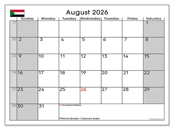 Printable August 2026 calendar - Sudan