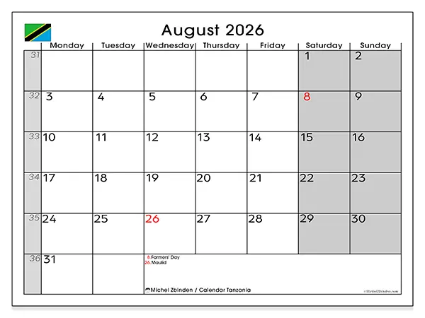 Printable August 2026 calendar - Tanzania