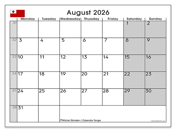 Printable August 2026 calendar - Tonga
