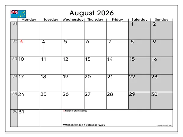 Printable August 2026 calendar - Tuvalu