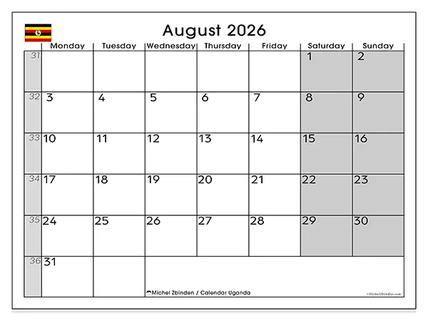 Printable August 2026 calendar - Uganda