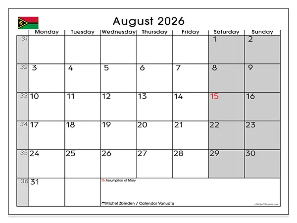 Printable August 2026 calendar - Vanuatu