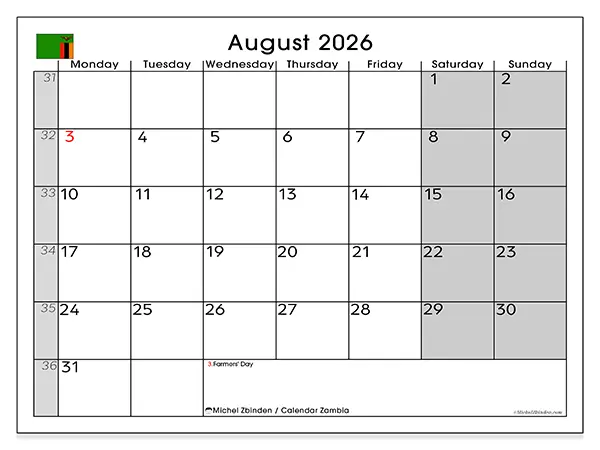 Printable August 2026 calendar - Zambia
