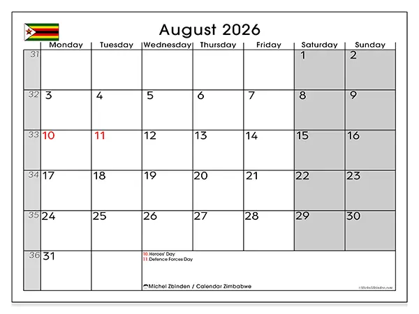 Printable August 2026 calendar - Zimbabwe