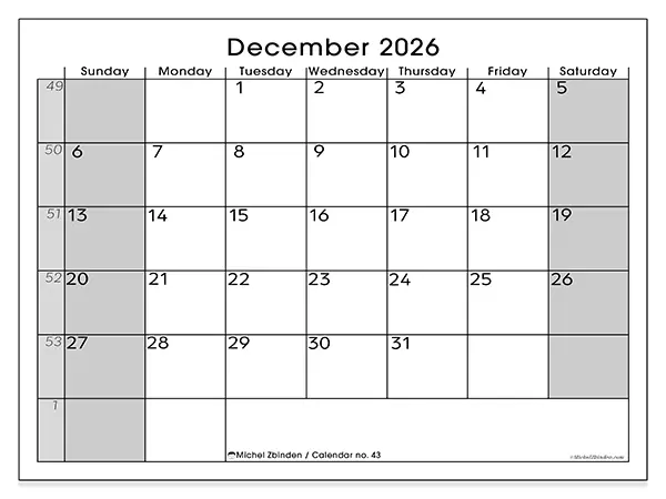 Printable December 2026 calendar - Perfect organization - Week from Sunday to Saturday