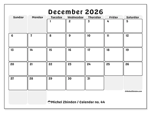 Printable December 2026 calendar - Structured planning - Week from Sunday to Saturday