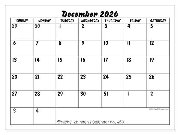 Printable December 2026 calendar - Detailed organization - Week from Sunday to Saturday