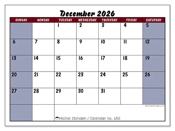 Printable December 2026 calendar - Colorful productivity - Week from Sunday to Saturday
