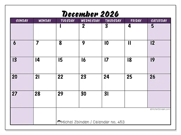 Printable December 2026 calendar - Colorful efficiency - Week from Sunday to Saturday