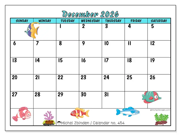 Printable December 2026 calendar - Colorful fish - Week from Sunday to Saturday