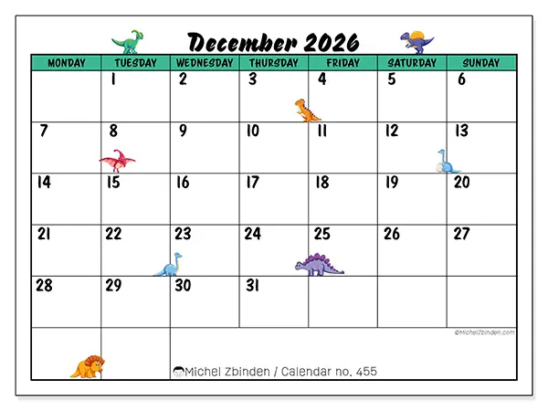 Printable December 2026 calendar - Little dinosaurs