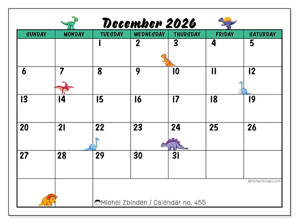 Printable December 2026 calendar - Little dinosaurs - Week from Sunday to Saturday