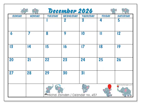 Printable December 2026 calendar - Little elephants - Week from Sunday to Saturday