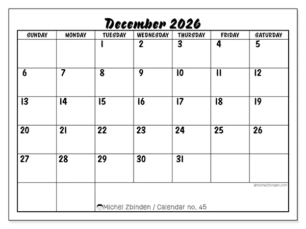 Printable December 2026 calendar - Academic success - Week from Sunday to Saturday