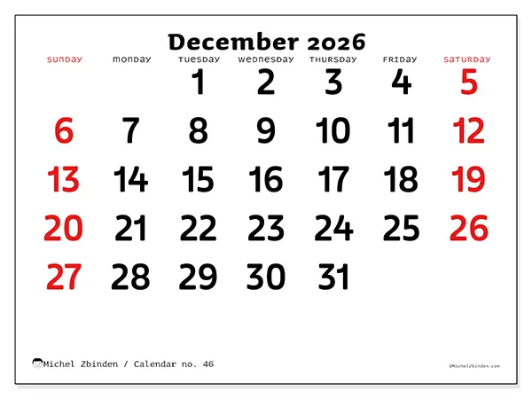 Printable December 2026 calendar - Clear vision - Week from Sunday to Saturday