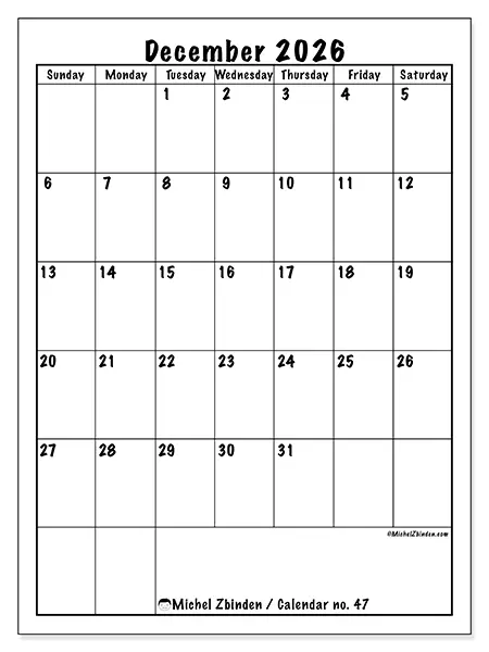 Printable December 2026 calendar - Efficient planning - Week from Sunday to Saturday