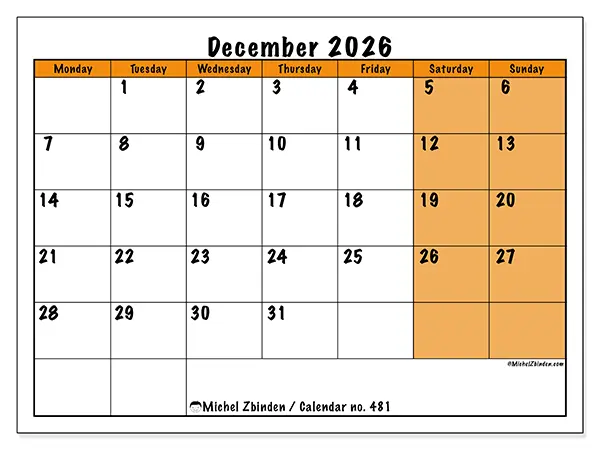 Printable December 2026 calendar - Dynamic planning