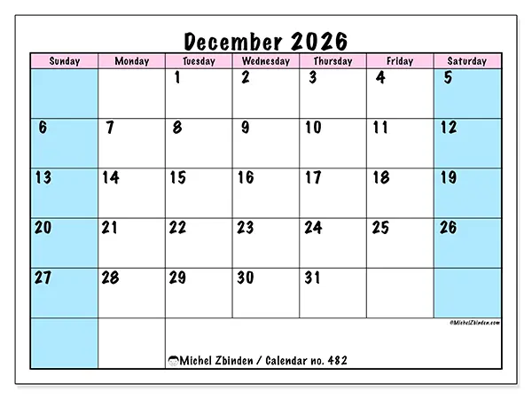 Printable December 2026 calendar - Team schedule - Week from Sunday to Saturday