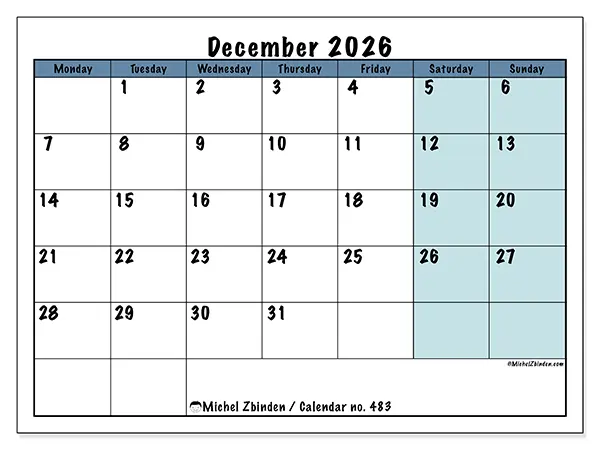 Printable December 2026 calendar - Structured for school