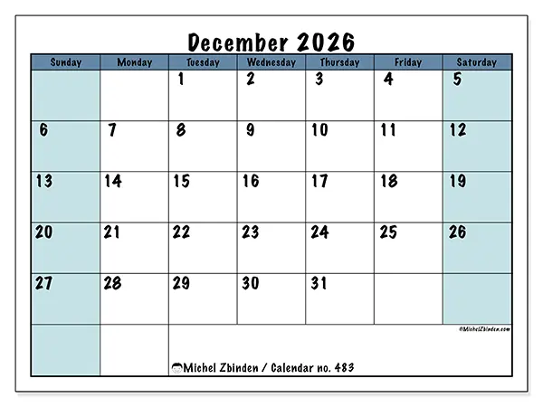 Printable December 2026 calendar - Structured for school - Week from Sunday to Saturday