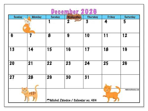 Printable December 2026 calendar - Love of cats - Week from Sunday to Saturday