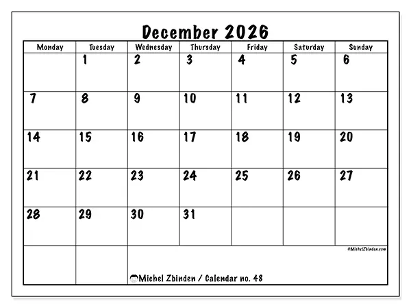 Printable December 2026 calendar - Daily efficiency