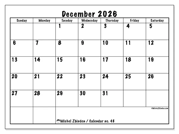 Printable December 2026 calendar - Daily efficiency - Week from Sunday to Saturday