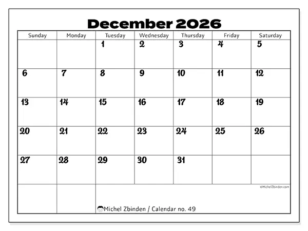 Printable December 2026 calendar - Productive coordination - Week from Sunday to Saturday