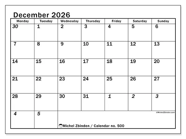 Printable December 2026 calendar - Intensive planning