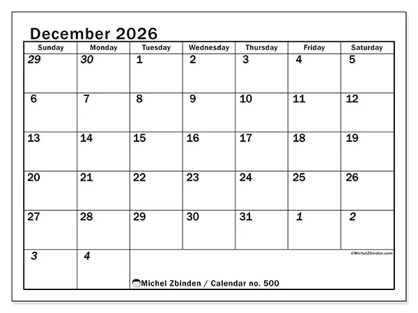 Printable December 2026 calendar - Intensive planning - Week from Sunday to Saturday