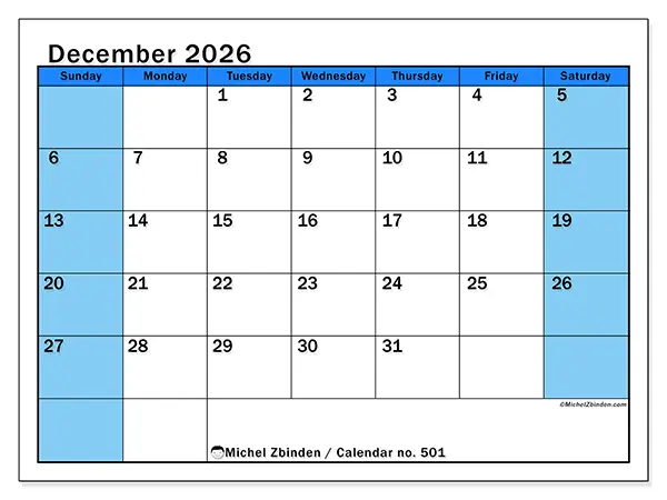Printable December 2026 calendar - Dynamic studies - Week from Sunday to Saturday