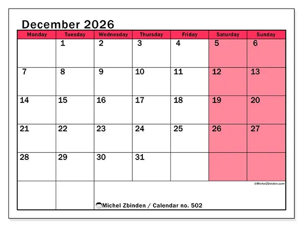 Printable December 2026 calendar - Bright management