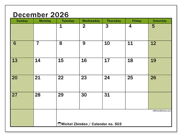 Printable December 2026 calendar - Lively organization - Week from Sunday to Saturday