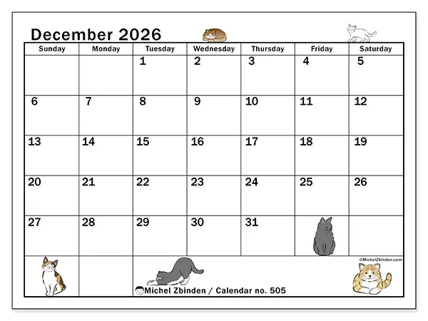 Printable December 2026 calendar - Cat life - Week from Sunday to Saturday