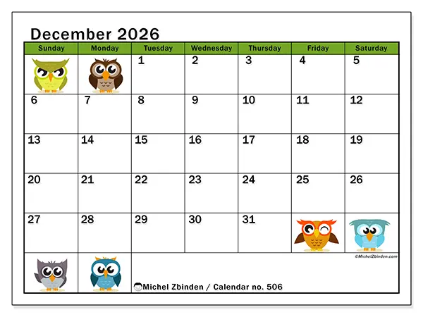 Printable December 2026 calendar - Funny owls - Week from Sunday to Saturday