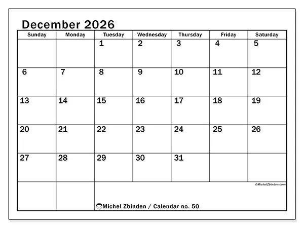 Printable December 2026 calendar - Optimal planning - Week from Sunday to Saturday