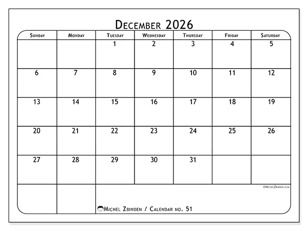 Printable December 2026 calendar - Meal planner - Week from Sunday to Saturday