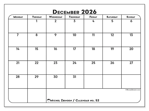 Printable December 2026 calendar - Professional organization