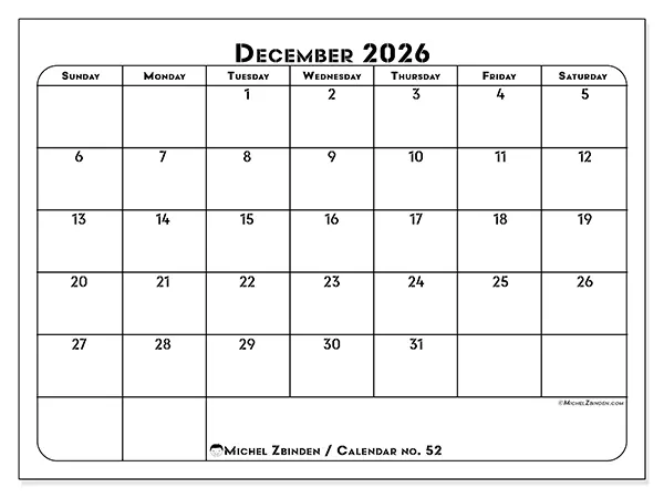Printable December 2026 calendar - Professional organization - Week from Sunday to Saturday