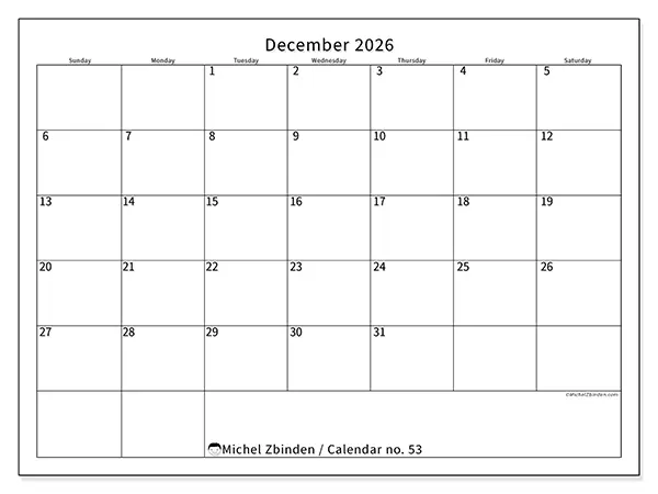 Printable December 2026 calendar - Efficient schedule - Week from Sunday to Saturday