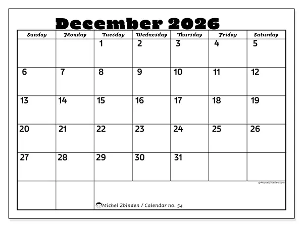 Printable December 2026 calendar - Family activities - Week from Sunday to Saturday