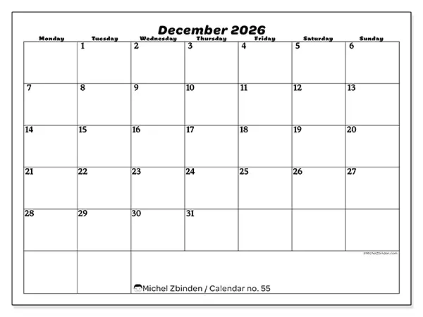 Printable December 2026 calendar - Leisure organization
